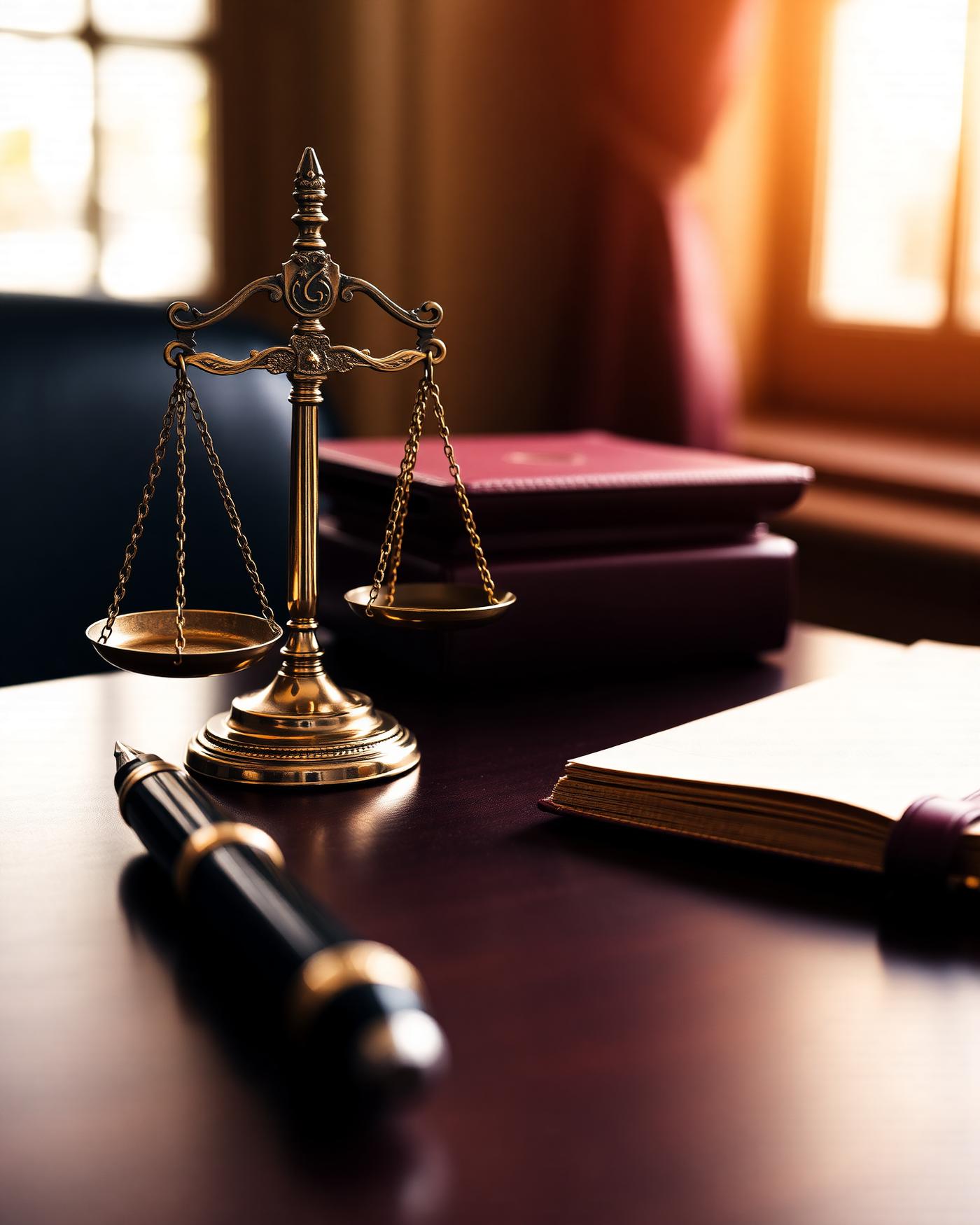 Advocate's desk with brass scales of justice and legal documents